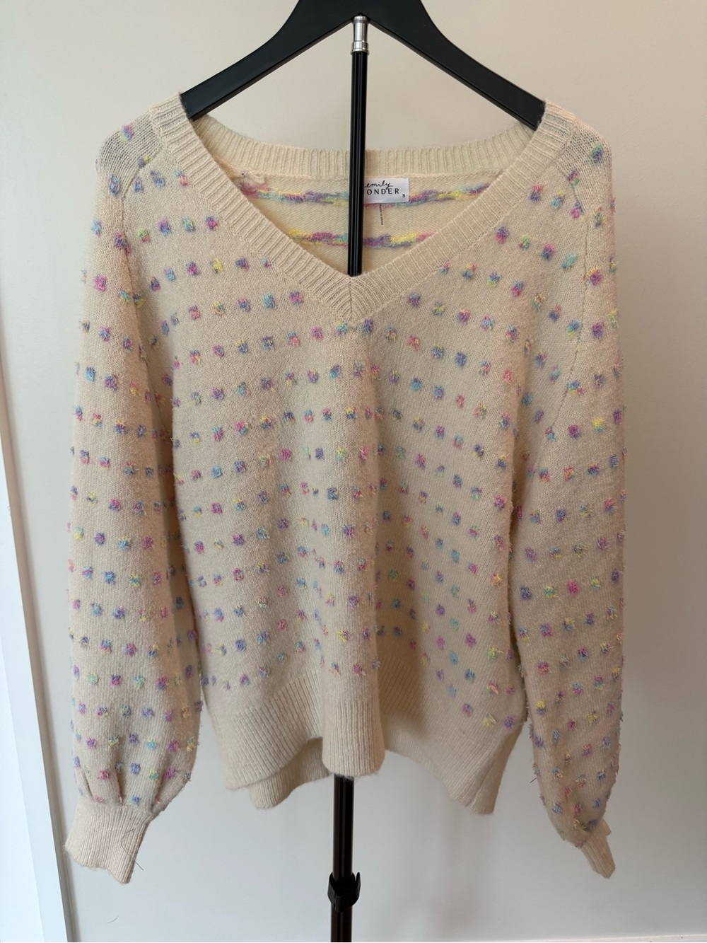 Cream V-Neck Sweater with Pastel Dot Texture